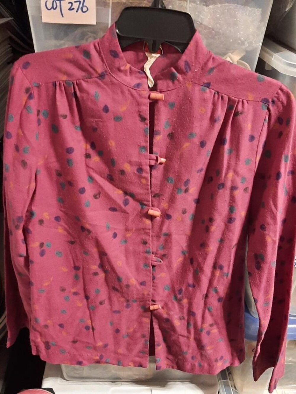 Vintage Spare Parts WMN Blouse MultiLeaf Rouleau Loop Button Burgundy Sz S